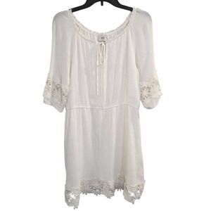 Eci off white cream crinkle crochet trim short peasant dress womens M